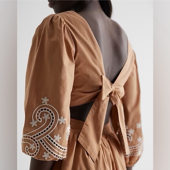 Express tan embroidered v neck open back tie back dress - Picture 8 of 13